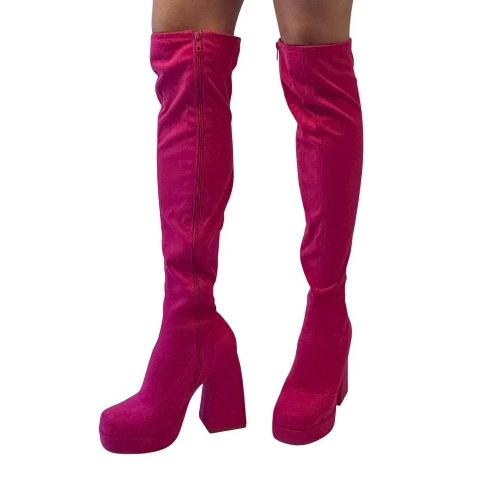 SODA Hot Pink‎ Suede Platform Chunky Heel Over The Knee Boots Womens Size 7 1/2